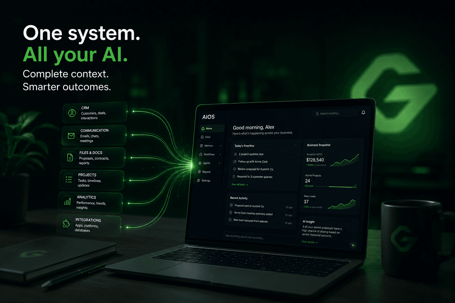 Dark Generativ branded workspace showing business data and AI systems connected into one operating layer